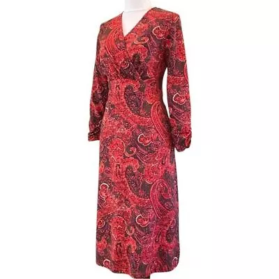 J. Jill Long Sleeve Faux Wrap Bodice Cotton Blend Red Paisley Knit Dress Sz S • $25.20