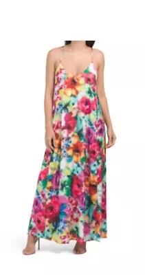 NWOT Nicole Miller Watercolor Floral Satin Print Maxi Dress Sz Large • $50