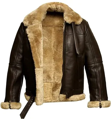 Men's RAF Aviator Real Fur Leather Jacket Coat Bomber B3 SheepSkin Pilot Flying • $299.99