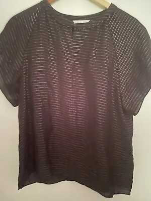 Veronika Maine 12 Black Top Silver Stripe Lamé Office Wear Blouse Shirt M • $20