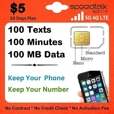 Speedtalk $5 Preloaded SIM Card Kit Talk Text 5G/4G LTE Data Phone Plan 30-Days  • $5