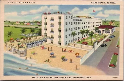 MIAMI BEACH Florida Postcard HOTEL NORMANDIE Private Beach View Linen 1941 • $5.60