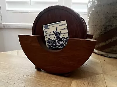 Mid-century Danish Modern Turned Teak Blue Tile Bar Drink Coasters W/ Stand • $39.99