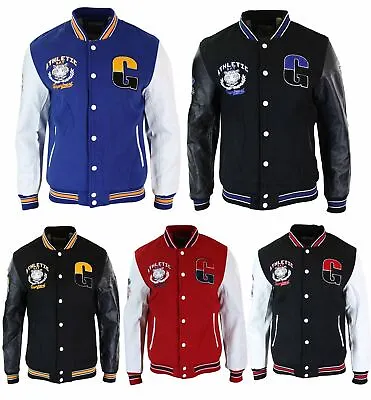 Mens Baseball Varsity Letterman College Fleece Jacket Badge PU Leather Sleeves • £39.99