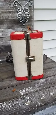 Vintage Doll Steamer Trunk Case White Red Trim 50s Paper Inside Rustic Suitcase • $18.95