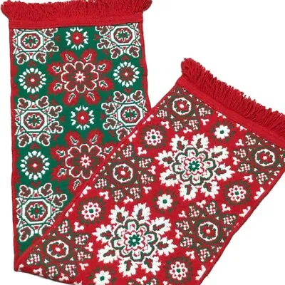 Vintage Table Runner Reversible Christmas Fringe Holiday 50x12  • $48