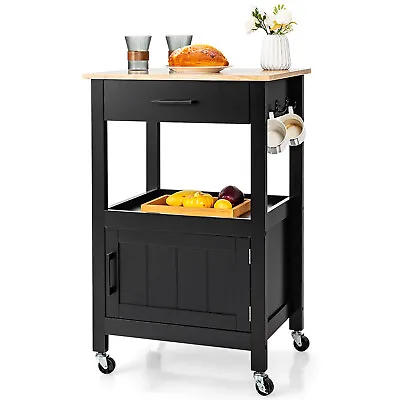 Rolling Kitchen Island Cart On Wheels Bar Serving Trolley W/Drawer Cabinet Black • $94.98