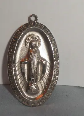 Vintage Miraculous Medal Of Virgin Mary-Silver Tone 1 7/16  Religious Pendant • $6.50