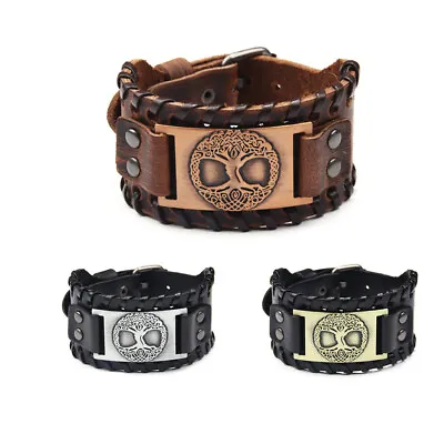 Men's Norse Viking Tree Of Life Cuff Wristband Black/Brown Leather Bracelet • $7.49