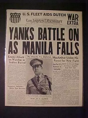 VINTAGE NEWSPAPER HEADLINE ~WORLD WAR 2 Mc ARTHUR JAPAN BATTLE MANILA WWII 1942 • $14.95