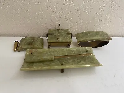 Vintage Antique Art Deco German Green Onyx & Brass 5 Piece Desk Set • $375