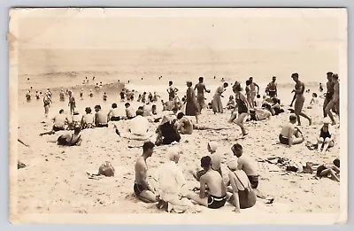 PEOPLE OUT ON BEACH OCEAN CITY MARYLAND REAL PHOTO POSTCARD C. 1937 MD RPPC • $14.97