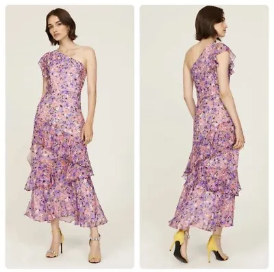 SHOSHANNA MIDNIGHT Pink Purple Floral One Shoulder Chiffon Ruffle Midi Dress 4 • $120