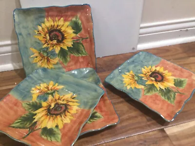 Set 4 MAXCERA SUNFLOWER SQUARE PLATEs Terra Cota - 9  CHIPPED AS IS • $18.65