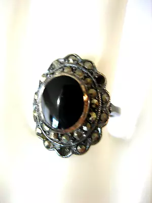 Vintage Sterling Silver Marcasite Black Onyx Ring Size 5 • $22.48