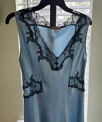 Vintage Sensara Peignoir Set L Blue Black Lace Trim Slip Nightgown Satin Robe • $98.99