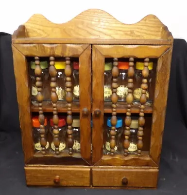 Vintage Retro Wall Mount Hardwood Spice Rack Cabinet W/2 Drawers & 12 Jars Japan • $27.50