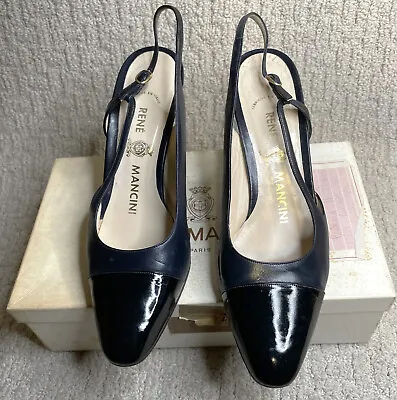 VTG Rene Mancini Black Leather Slingbacks 9M Box Patent Leather Shoes • $31.33