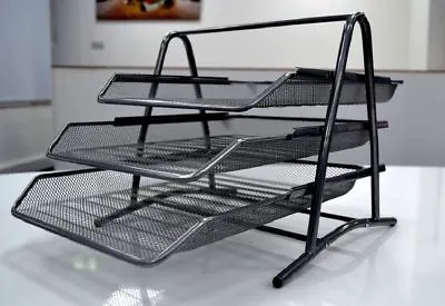 Office Filing 3 Tiers Trays A4 Doc Black Wire Mesh Organiser • £12.99