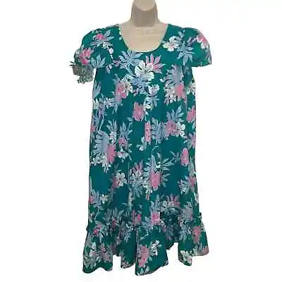 Royal Creations Hawaiian Mumu Midi Dress Teal Floral Women’s XL Casual Comfort  • $35