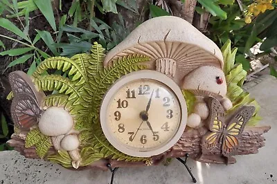 VINTAGE 1975 Burwood Wall Clock Mushrooms Ferns Garden Butterfly Vibrant Colors! • $65