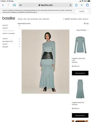 Bassike Longerline Jersey Skirt + Longerline Raised Neck T.shirt Teal Blue - XL • $320