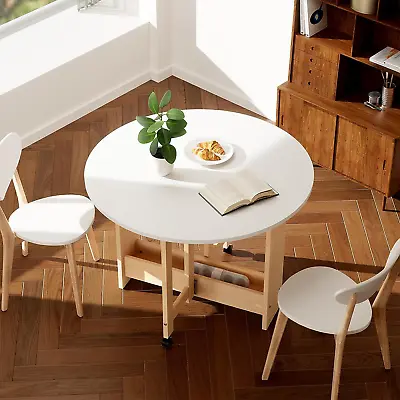 Round Drop-Leaf Folding Dining Table Multifunctional Convertible Pace Saving Ex • $324.86