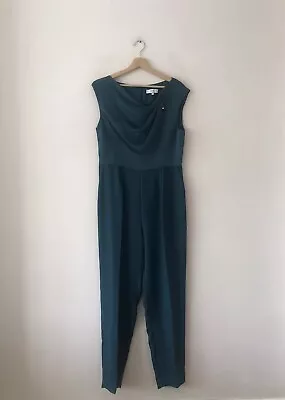 Reiss Jade Green Sleeveless Satin Jumpsuit - Size 14. Pockets. Cowl Neck • £45