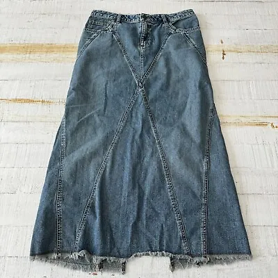 Vintage 90s Y2K American Eagle Denim Maxi Skirt Size 8 Frayed Hem Back Slit • $33.99