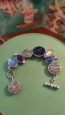 Sterling Silver Mars & Valentine Blue Textured Pressed Glass Gems Bracelet 8.5  • $399.62