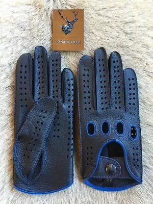 Men's Driving Leather Gloves Black Blue By Hungant • $60