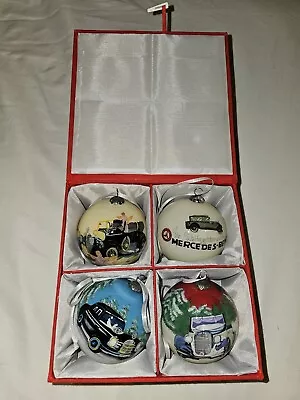 MERCEDES-BENZ Reverse Painted Glass Christmas Ornaments In Boxes Rare 4 Total • $164.99