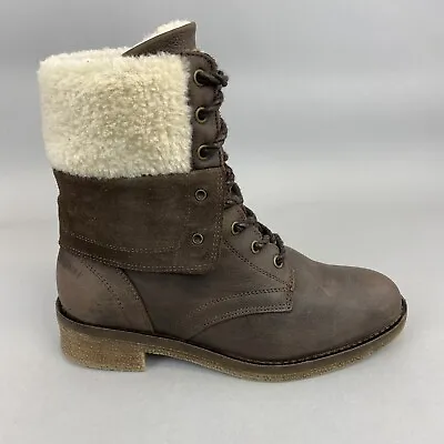 FatFace Brown Leather Ankle Lace Up Faux Fur Combat Bootie Winter Boots 37 UK4 • £37.70