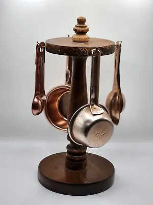 Vintage Wood Stand With Copper Metal Measuring  Cups & Spoons As Is • $24.98
