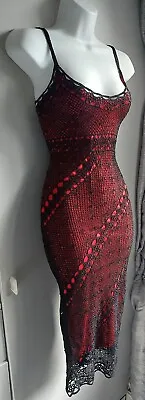 £34 • Buy Exquisite Vintage KAREN MILLEN Black/Red Hand Crocheted Midi Cami Dress Sz3 UK12