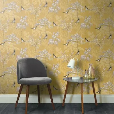 Arthouse Ochre Japanese Garden Oriental Wisteria Trees Birds Wallpaper 908002 • £15.73