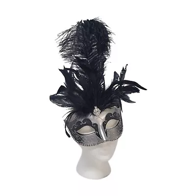 Silver Black Jewel Feather Theater Mardi Gras Festival Mask Ribbon Tie  • $18.75