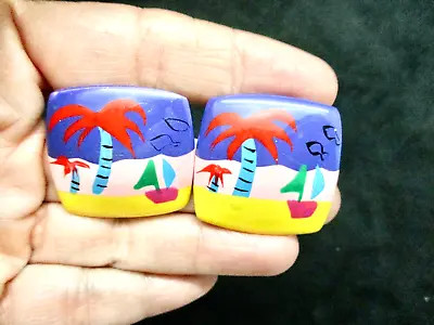 Vintage-Lucite Beach/Resort Palm Tree & Boat Pierced Earrings • $10.12