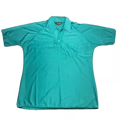 Vintage 60s 70s Van Heusen Shirt Qiana Nylon Large Mens Teal Blue Disco • $37.37