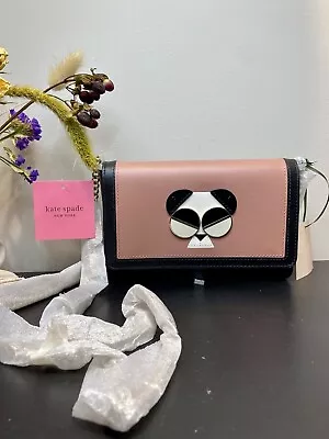 New KATE SPADE Gentle Panda Leather Wallet On Chain Bag Rose Black $248 NWT • $116.24