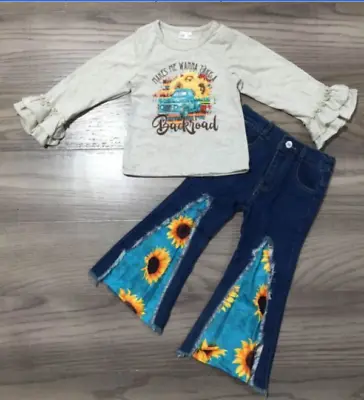 $19.99 • Buy NEW Boutique Girls Sunflower Long Sleeve Shirt & Bell Bottoms Jeans Outfit Set