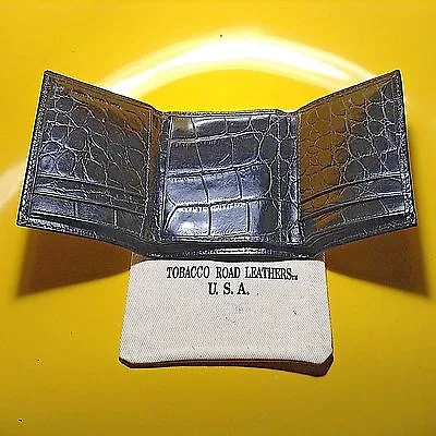 One Men's TRIFOLD WALLET Solid Italian Black Leather Croco Print - Made In USA • $12