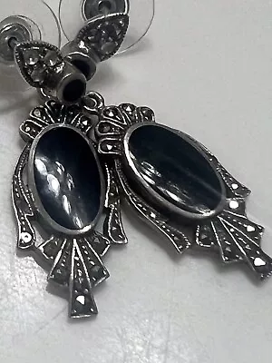 Vintage Black Onyx Marcasite CL925 Sterling Silver Drop Dangle Stud Earrings • $26