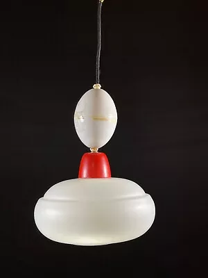 EB5096 Danish Opaline Glass With Red And White Plastic Pendent Light Retro LCLC • £80