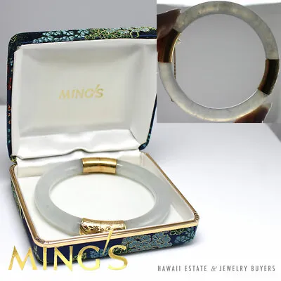 Rare Signed Ming's Hawaii 8mm Ice Jade 14k Yellow Gold Bangle Bracelet W/ Box • $7900