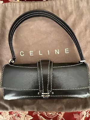 Vintage Celine Black Calf Skin Leather With White Stitches Clutch Bag On Strap • $295