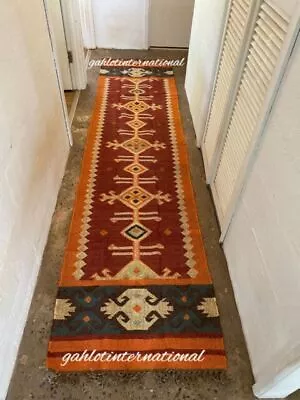 Rug Kilim Wool Jute Runner Hand Woven Vintage Carpet Vintage Oriental Area 1 • £37.28
