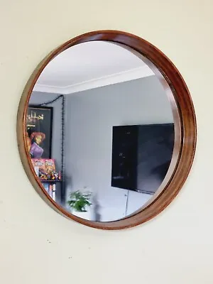 Vintage Walnut Mirror Round Wall Mirror Deep Frame 47 Cm Mid Century Style • £71.99