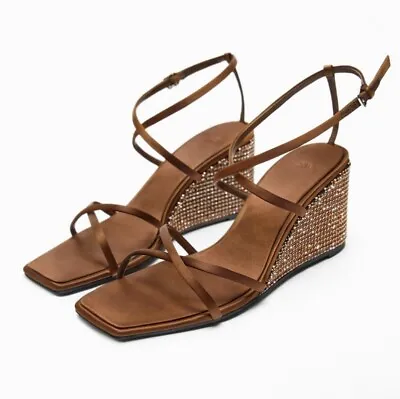 $64.99 • Buy Zara Wedge Sandals Crystal Detail Size US 9 Squared Toe Ankle Straps New Brown