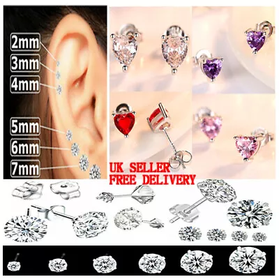 New 925 Sterling Silver Earrings Stud Cubic Zirconia Women Pack Back Heart Shapd • £2.84